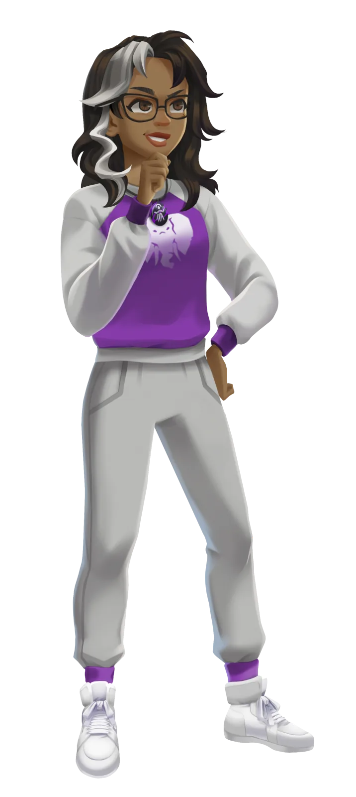 Maya in her purple Apex Academy uniform, hand to her chin